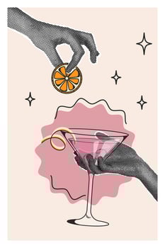 Modern halftone collage. Cosmopolitan Retro poster of a classic cocktail. Popular drink. Trendy pop art illustration with halftone elements. Vintage flat illustration for bar, restaurant vector
