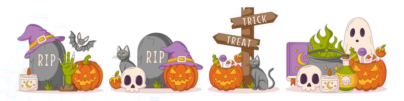 Set of halloween illustrations, composition from pumpkin with sweets, black cat, tombstone, witch hat, zombie hand, bat, skull, cauldron, spell book, ghost. For sticker, print, scrapbooking vector