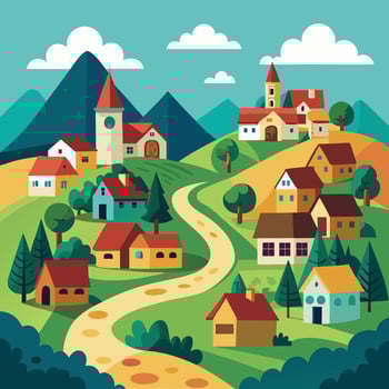 a cartoon illustration of a village with houses and trees vector