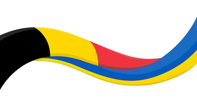 Wavy ribbon banner of Ukraine flag with Belgium Flag. Unity, solidarity, cooperation symbols. Logo for charity events, national campaigns, NGO, social initiatives, sports teams. illustration. vector