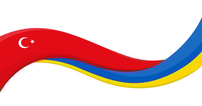 Wavy ribbon banner of Ukraine National flag with Turkey National Flag. Unity and cooperation symbol. Logo for charity and social events, NGO initiative, sport teams. illustration. vector