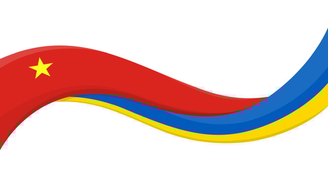 Wavy ribbon banner of Ukraine National flag with Vietnam National Flag. Unity and cooperation symbol. Logo for charity and social events, NGO initiative, sport teams. illustration. vector