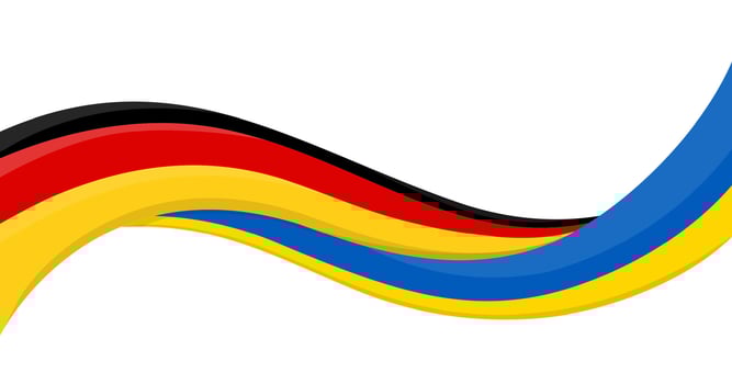 Wavy ribbon banner of Ukraine National flag with Germany National Flag. Unity and cooperation symbol. Logo for charity social events, NGO, sports team, peace summit. illustration. vector