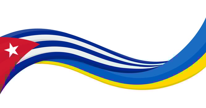 Wavy ribbon banner of Ukraine National flag with Cuba National Flag. Unity and cooperation symbol. Logo for charity social events, NGO, sports team, peace summit. illustration. vector