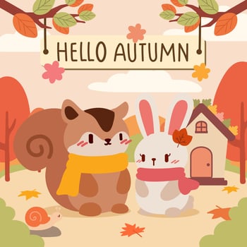 Cute Squirrel and Rabbit with Scarves in a Cozy Fall Setting. A squirrel and bunny, both wearing cozy scarves, surrounded by a beautiful fall setting with colorful leaves, trees, and a little house. vector