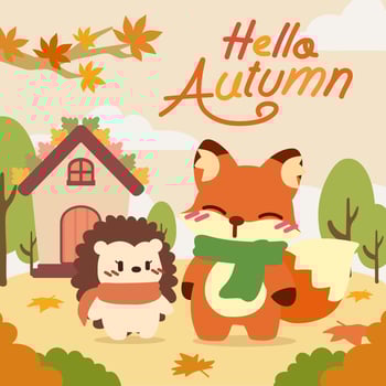 Cute Fox and Hedgehog with Scarves Celebrating Fall. A autumn illustration of a fox and hedgehog wearing scarves, standing outside a little woodland house surrounded by colorful fall leaves and trees. vector