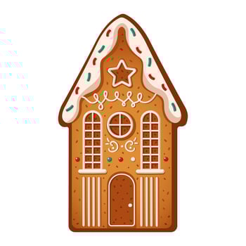 Gingerbread house decorated with icing flat color object. Tasty cookie creating cozy holiday atmosphere illustration on white background vector