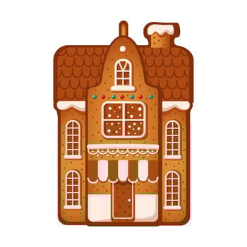 Charming gingerbread house with frosting flat color object. Christmas holiday vintage building cookie illustration on white vector
