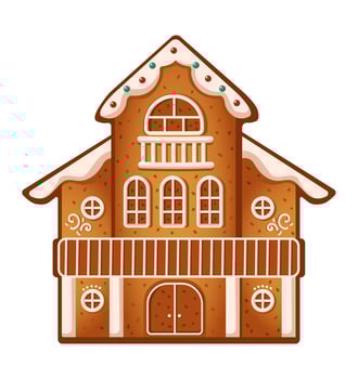 Fairytale gingerbread house with icing decor flat color object. Winter theme cookies creating Christmas atmosphere illustration on white vector