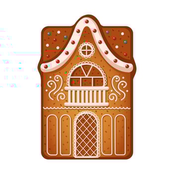 Gingerbread house decorated with icing and sprinkles flat color object. Tasty cookie evoking Christmas spirit illustration on white vector