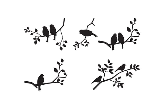 Set of birds at tree branches silhouettes. vector