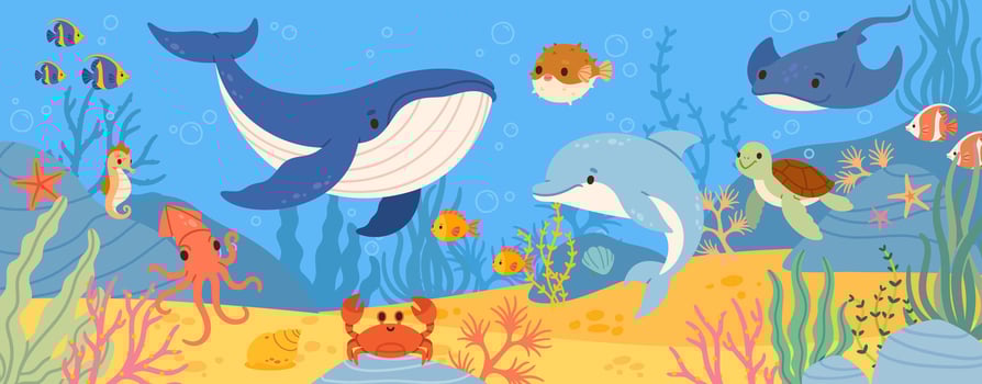Underwater sea life. Ocean wild marine animals and fish. Cartoon natural undersea world with cute exotic fish, aquatic coral, ocean plant and color algae. scene vector