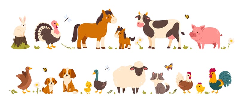 Farm animals. Cartoon domestic pets. Cute countryside livestock. Adorable cow, pig, horse, cat, chicken, dog, sheep. Funny birds and animals set vector