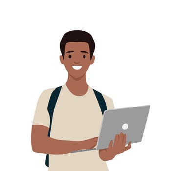 Happy modern student holding laptop. vector