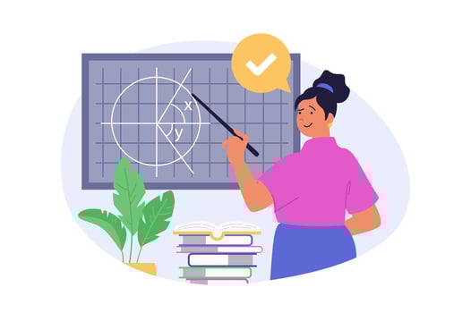 School learning concept in modern flat design for web. Woman working as teacher, explaining geometry and solving math problems by blackboards in class, training pupils in class. illustration. vector