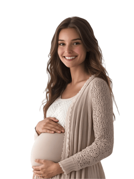 A pregnant woman in a cardigan and jeans png
