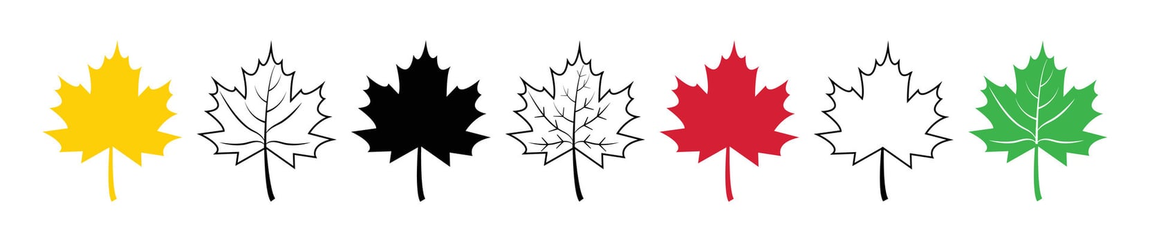 Set of flat maple leaf shape icons isolated on white background illustration. Maple leaf icon set in black, red, green and yellow color. Forest and wood signs symbol. vector