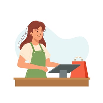 Woman at mall checkout flat illustration. Concept girl seller, vendor at workplace. illustration of young girl is processing sale at the checkout isolated on white background. vector