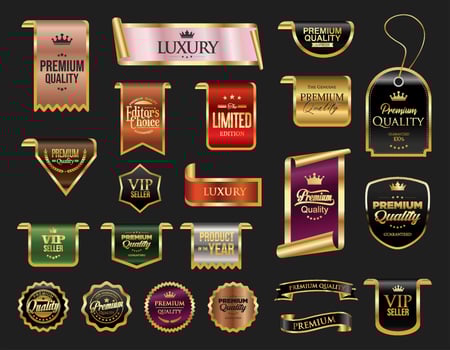 Golden colorful luxury labels and badges premium quality certificate ribbons illustration vector