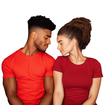 Young couple in red shirts leaning their heads together on a transparent background png