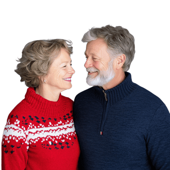 Elderly couple smiling at each other, wearing winter sweaters on a transparent background png