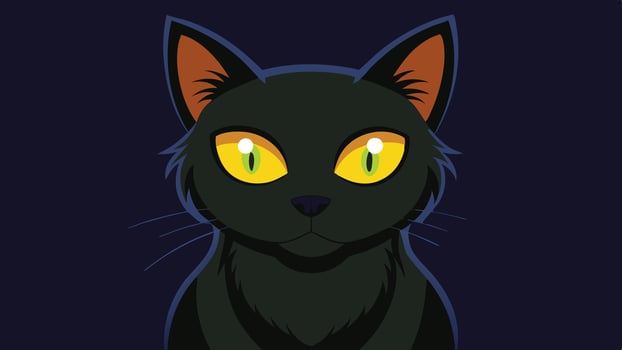 A cartoon-style black cat with striking green eyes standing on a dark green background, showcasing its playful and mysterious nature during a whimsical illustration vector