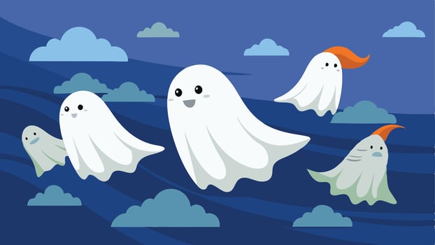 Illustration of whimsical ghosts floating in a night sky with clouds and a crescent moon, capturing a playful, spooky atmosphere perfect for Halloween-themed art vector