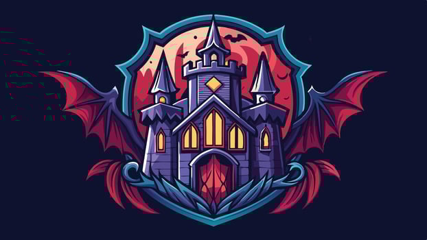 A striking emblem featuring a menacing skull with glowing eyes, flanked by dark bat wings, set against a haunted castle and eerie mountains under a night sky vector