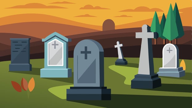 A tranquil cemetery at sunset with various gravestones and silhouettes of trees against an orange sky vector