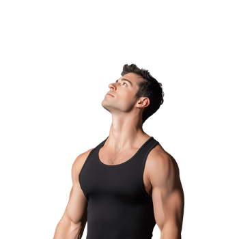 Muscular man in a black tank top looking upward on a transparent background png