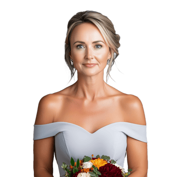 Blonde woman in an offshoulder dress holding a bouquet of flowers on a transparent background png