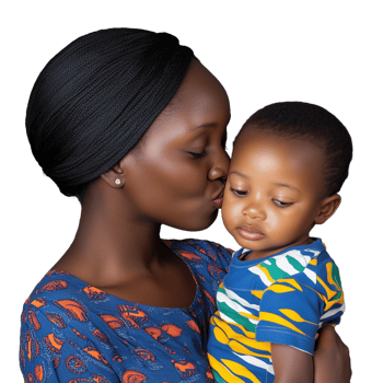 African American mother kissing her young son on the forehead on a transparent background png