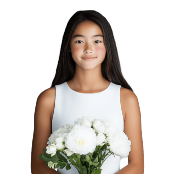 Young girl holding white flowers and smiling on a transparent background png