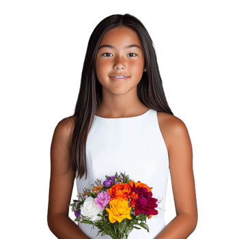 Young girl holding a bouquet of colorful flowers while smiling on a transparent background png
