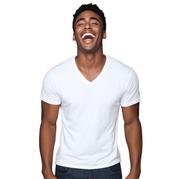 Man smiling broadly while standing confidently in a white tshirt on a transparent background png