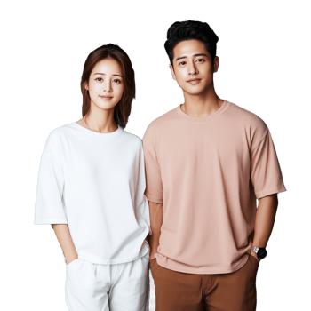 Young couple in casual outfits smiling and standing together on a transparent background png