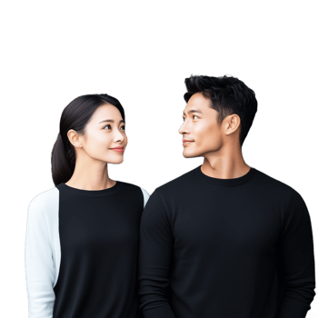 Couple standing side by side, looking at each other with smiles on a transparent background png