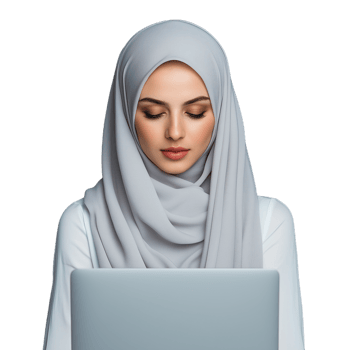 Woman wearing a light gray hijab while working on a laptop on a transparent background png