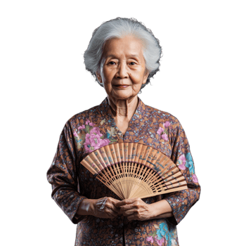 Elderly woman holding a traditional folding fan while smiling on a transparent background png