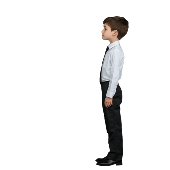 Side view of a young boy in a formal shirt and bowtie standing confidently on a transparent background png