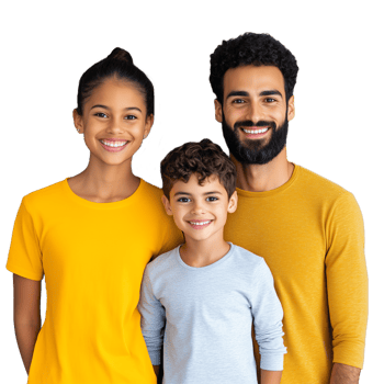 Smiling father with two sons in yellow and blue shirts on a transparent background png