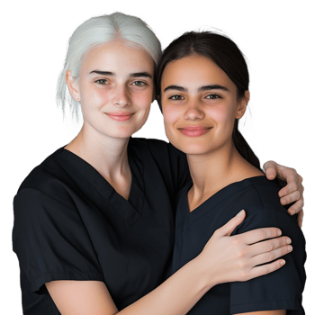 Two young female nurses standing closely and smiling on a transparent background png