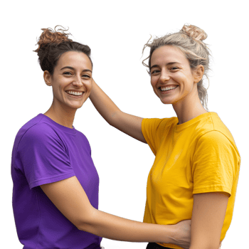 Two smiling women in colorful tshirts hugging each other on a transparent background png