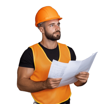 Construction worker wearing a safety vest and hard hat holding building plans on a transparent background png