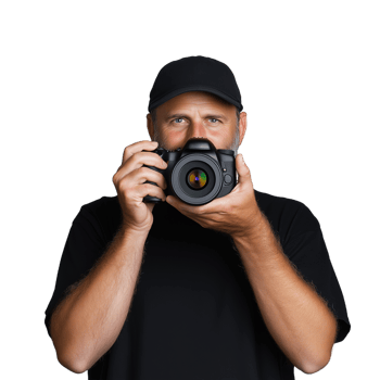 Professional photographer holding a camera and wearing a black cap on a transparent background png