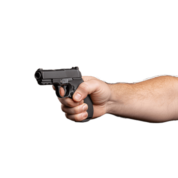 Close-up of a hand holding a black handgun with focus on firearm details and grip style on a transparent background png