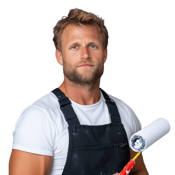 Portrait of a confident male painter holding a paint roller, wearing a black apron and white t-shirt, standing against a transparent background, showcasing professional work readiness and handy craftsmanship. png