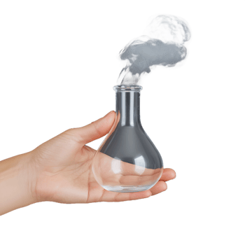 Close-up of a hand holding a glass flask with white smoke on transparent background depicting science and chemistry concepts png