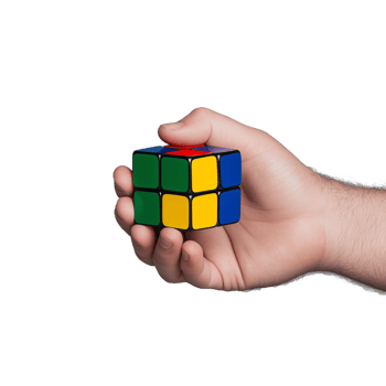 Hand holding a partially solved Rubik's Cube with colorful sides against a transparent background symbolizing problem-solving and challenge png