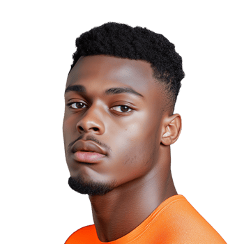Portrait of a young man wearing an orange shirt with a confident and thoughtful expression on a transparent background. png